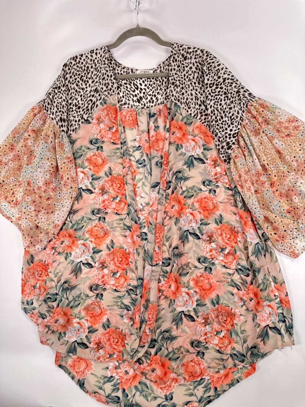 UMGEE Mixed Print Floral Leopard Open Front Kimono Cardigan Peach Cream Size M - Picture 3 of 9